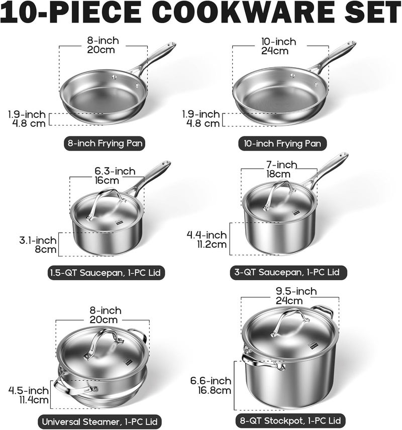 كوكس ستاندر مجموعة أدوات المطبخ من الفولاذ المقاوم للصدأ من Cooks Standard، 10 قطع، مجموعة طهي متعددة الطبقات كاملة التغطية من القدور والمقالي بمقابض باردة الملمس، آمنة للغسالة الصحون، آمنة للفرن حتى 500 درجة فهرنهايت، فضي - Image 2