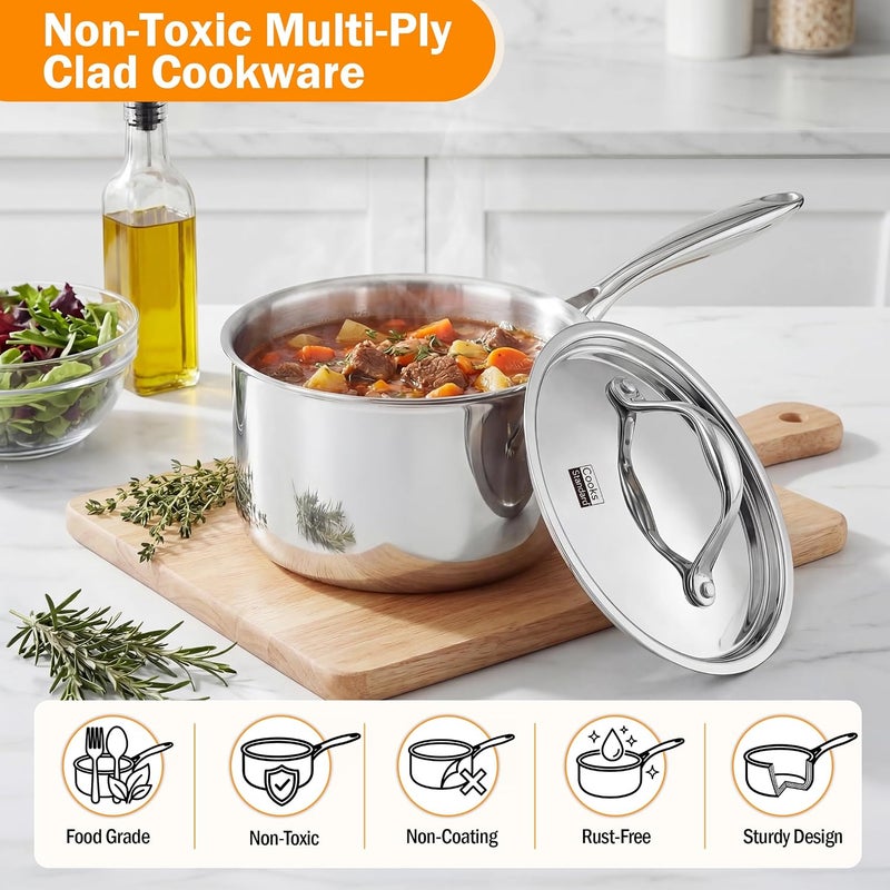 كوكس ستاندر مجموعة أدوات المطبخ من الفولاذ المقاوم للصدأ من Cooks Standard، 10 قطع، مجموعة طهي متعددة الطبقات كاملة التغطية من القدور والمقالي بمقابض باردة الملمس، آمنة للغسالة الصحون، آمنة للفرن حتى 500 درجة فهرنهايت، فضي - Image 5