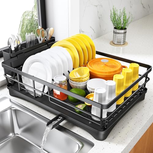 SNTD Dish Drying Rack for Kitchen Counter - Large Dish Rack with Drainboard, Rustproof Dish Drainer with Utensil Holder for Sink, Black - Image 1