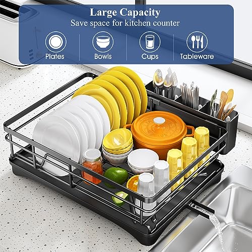 SNTD Dish Drying Rack for Kitchen Counter - Large Dish Rack with Drainboard, Rustproof Dish Drainer with Utensil Holder for Sink, Black - Image 2