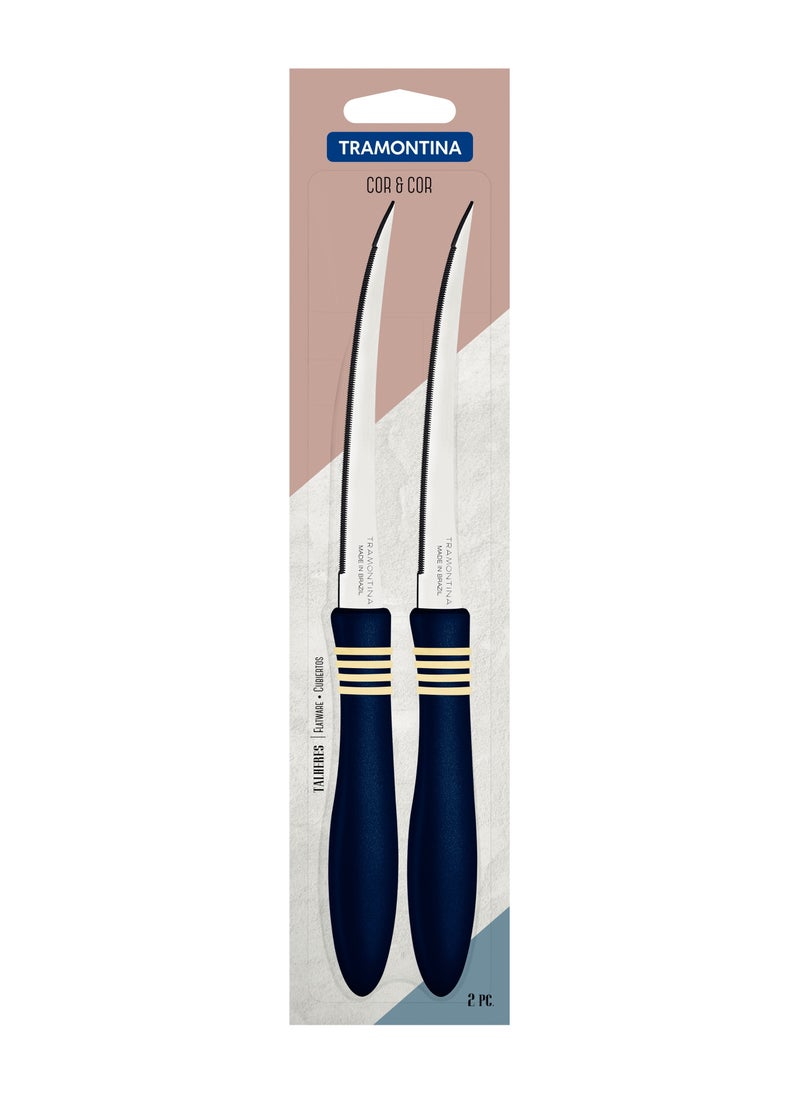 TRAMONTINA - Since 1911,Made in Brazil- Cor&Cor 2 Pieces Tomato Knife Set with Stainless Steel Blade and Dark Blue Polypropylene Handle - Image 1