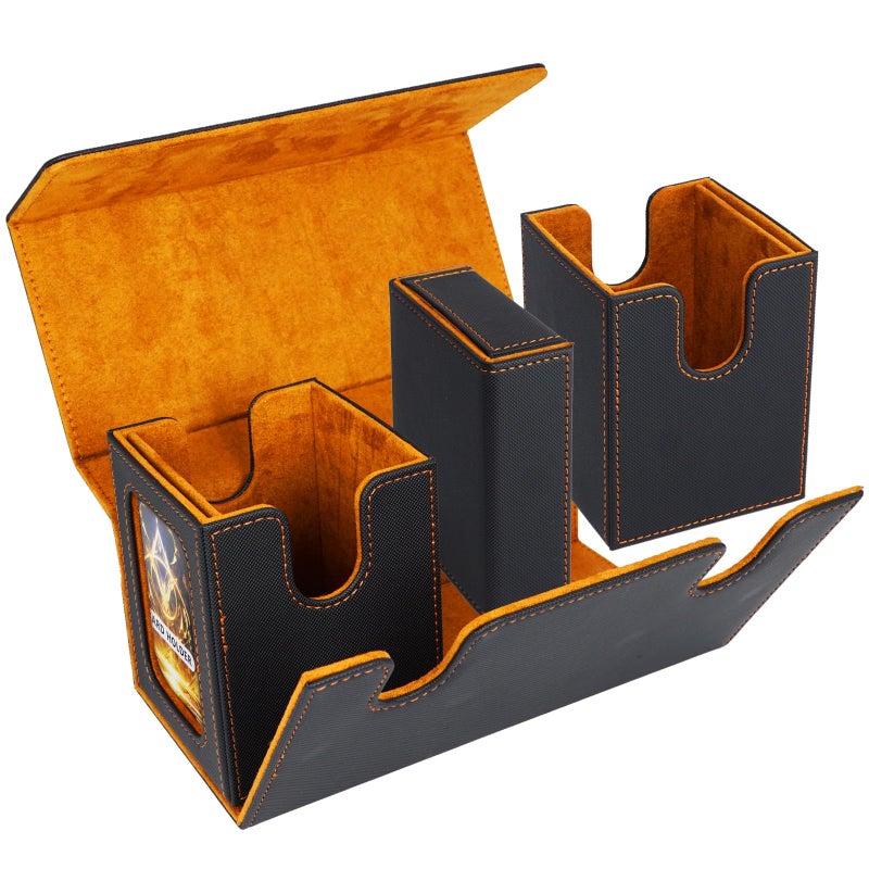 AFIING MTG Commander Deck Box 200 Double Sleeved Cards Storage, 3-in-1 Magnetic Card Case Organizer for Magic: The Gathering TCG CCG, 4 Dividers & 2 Toploaders (Black/Orange) - Image 3