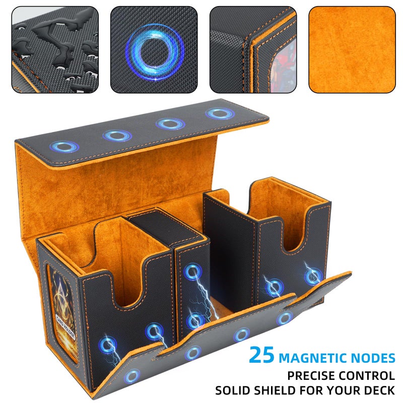AFIING MTG Commander Deck Box 200 Double Sleeved Cards Storage, 3-in-1 Magnetic Card Case Organizer for Magic: The Gathering TCG CCG, 4 Dividers & 2 Toploaders (Black/Orange) - Image 5