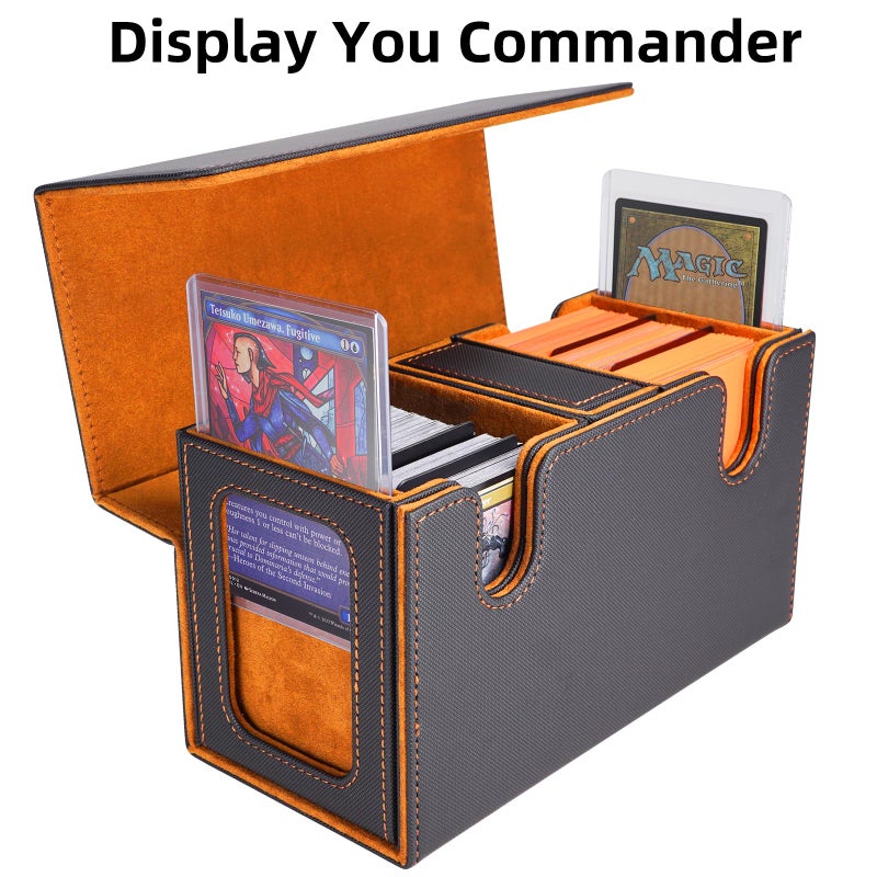 AFIING MTG Commander Deck Box 200 Double Sleeved Cards Storage, 3-in-1 Magnetic Card Case Organizer for Magic: The Gathering TCG CCG, 4 Dividers & 2 Toploaders (Black/Orange) - Image 2