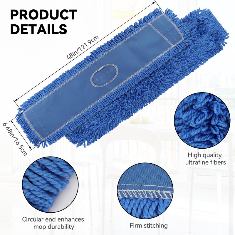 BeiLan Commercial 48 Inch Dust Mop Head: Replacement Heavy-Duty Sweeper and Janitorial Industrial Dust Mop Head for Floor Cleaning, Office, School, Restaurant, Hospital (3 Pack - Blue) - Image 2