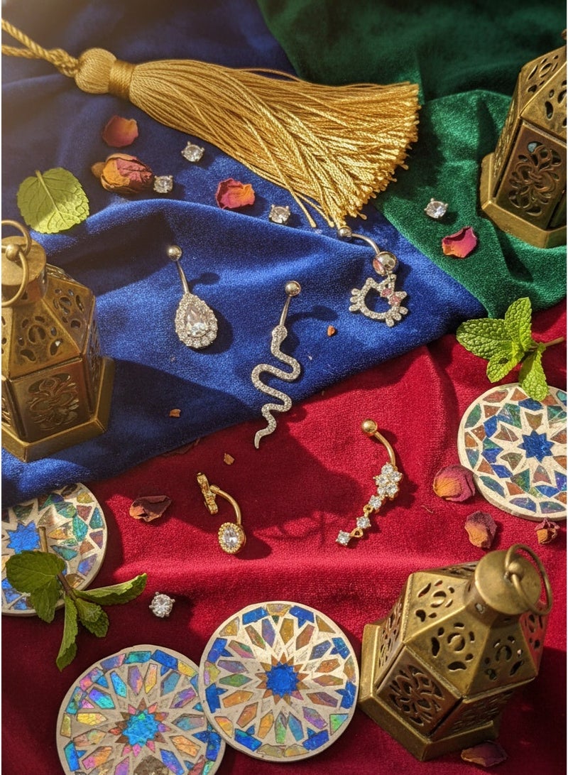 maffick 5 Pcs Mixed Style Stainless Steel Belly Button Rings Set in Luxury Jewelry Box (10x10x5cm) - Snake, Cat, Flower & Teardrop Crystal Navel Piercings with Gift Card - Image 3