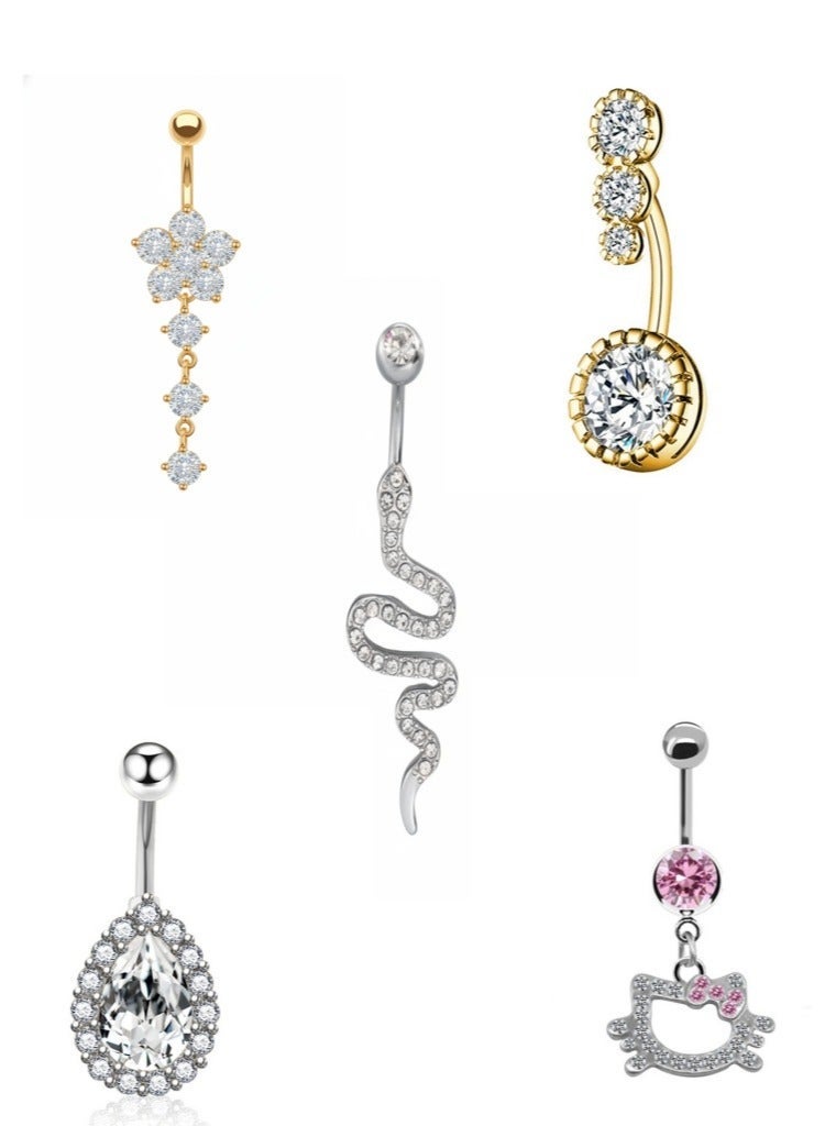 maffick 5 Pcs Mixed Style Stainless Steel Belly Button Rings Set in Luxury Jewelry Box (10x10x5cm) - Snake, Cat, Flower & Teardrop Crystal Navel Piercings with Gift Card - Image 1