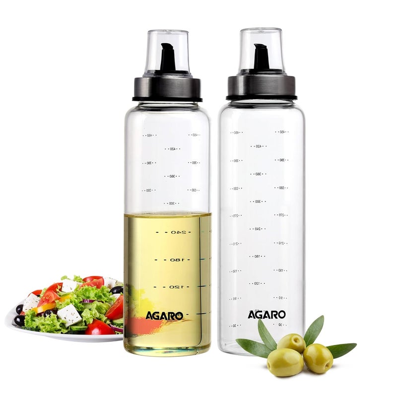 AGARO AGARO Elite Borosilicate Glass Oil Dispenser With Capacity Markings, Pack of 2, 500 Ml each, Metallic Lid, Oil Bottle Jar, Transparent - Image 1
