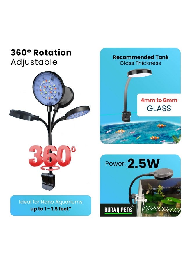 BURAQ N6 Multicolor Aquarium LED Light 2.5W | WRGB Spectrum | 3 Lighting Modes | 360° Flexible Arm | Clip-On Lamp for Nano Fish Tanks & Bowls - Image 3