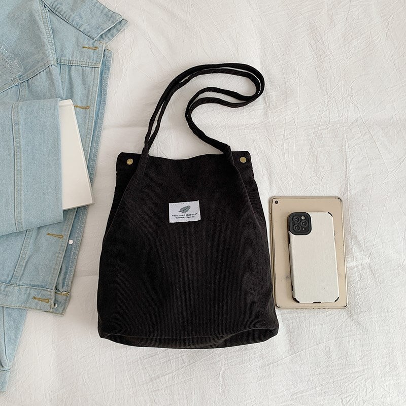 Corduroy Bucket Bag with Feather Charm, Handbag - Image 3