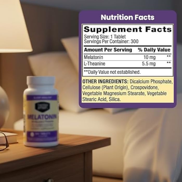 Berkley Jensen Melatonin 10mg, 300 Tablets Bottle - Sleep Supplement w/L-Theanine - Supports Restful Sleep & Healthy Sleep/Wake Cycles - Non-Habit Forming Gluten & Lactose Free Sleep Aid for Adults - Image 4