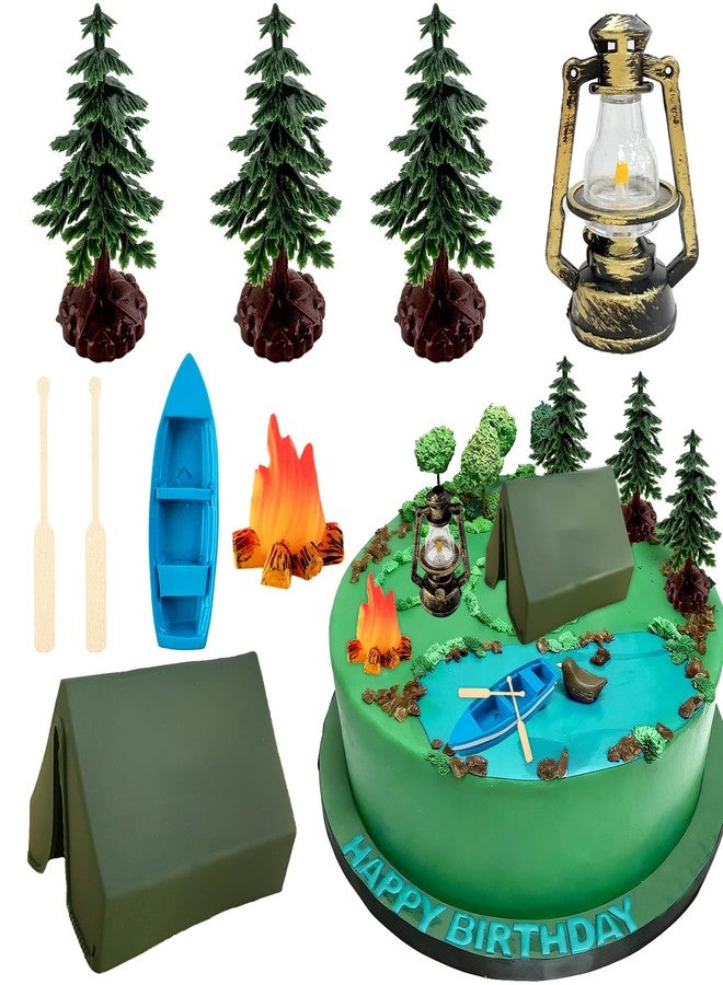 Morofme Camping Cake Decorations Tent Cake Topper Wilderness Forest Themed Cupcake Topper Boat Fireside Campfire Tree Cupcake Decor for Camping Theme Birthday Party Supplies - Image 1