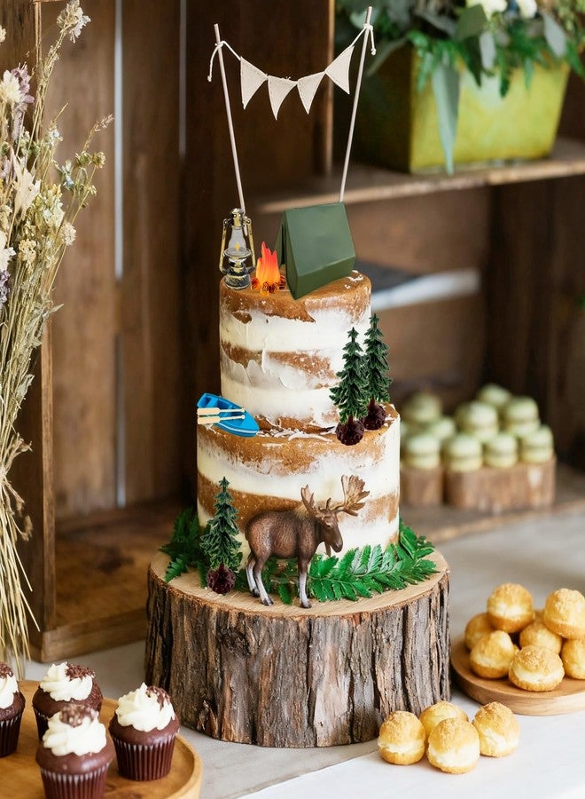 Morofme Camping Cake Decorations Tent Cake Topper Wilderness Forest Themed Cupcake Topper Boat Fireside Campfire Tree Cupcake Decor for Camping Theme Birthday Party Supplies - Image 4