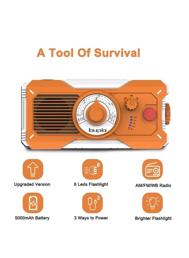 White Orange Portable Hand Crank Emergency Radio Solar NOAA Weather 5000mAh Power Bank Flashlight - Image 5