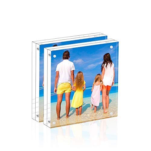 Meetu Acrylic 5x5 Picture Frame 2 Pack Clear Two Sided Desk Photo Frame Magnetic Frame Inner Size 4x4 with Gift Pack for Display Family Pictures Baby Photos Friends Pictures Pet Dog Picture