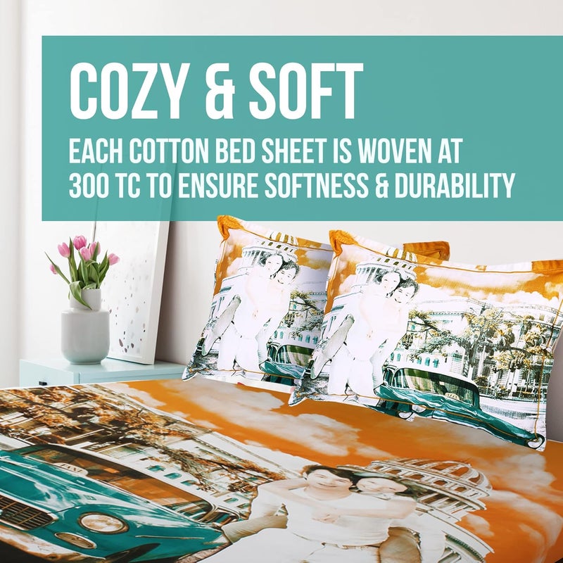 PAVO by StoryHome 300 TC 100 Cotton King Size Bedsheet with Two Pillow Covers 108 inch X 108 inch Yellow Turquoise - Image 3