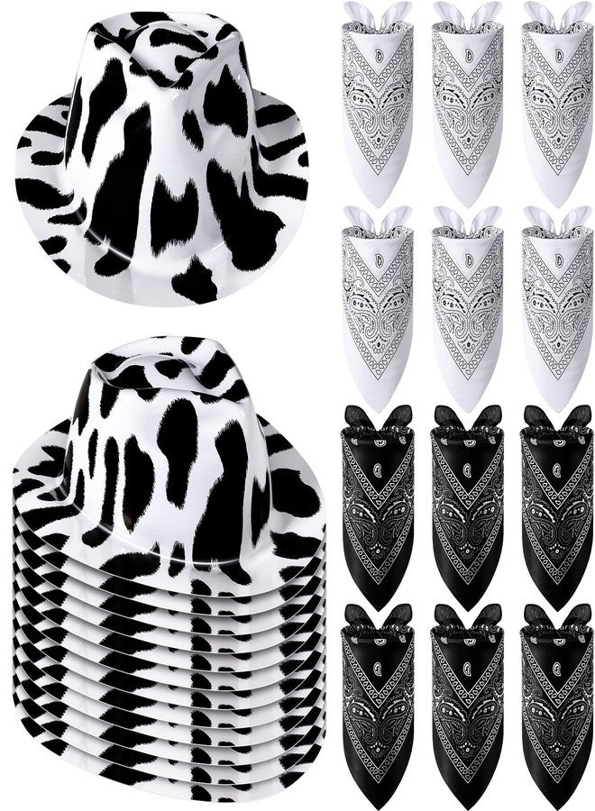 Haysandy 24 Pcs Cow Print Cowgirl Cowboy Hats Bulk with Bandana Felt Cow Party Hats for Women Men Western Costume Party (Black) - Image 1