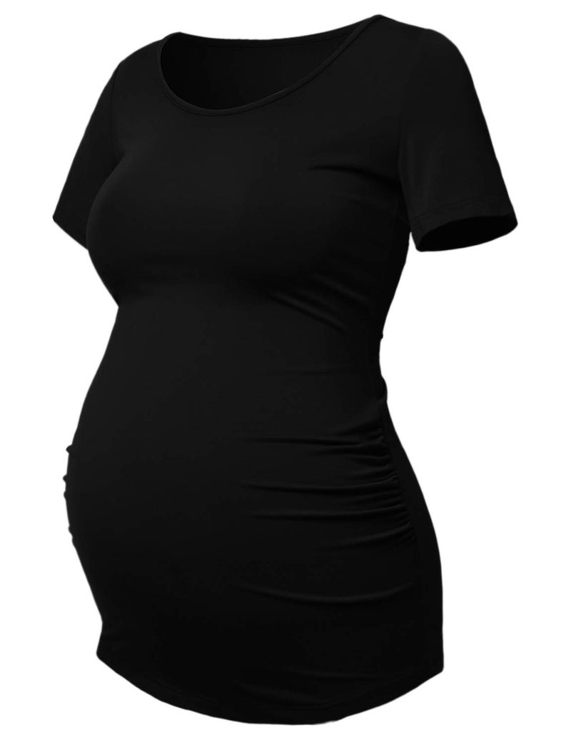 GINKANA Maternity Workout Shirts Tops Short Casual Sleeve Ruched Sides Mama Pregnancy Blouses Clothes,Black,S