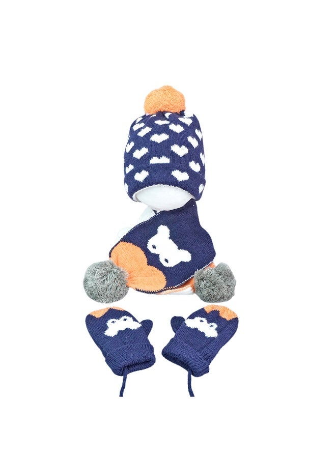 LITTLE SURPRISE BOX 3Pcs Navy & Orange Fox Matching Beanie Winter Cap Mufflers And Gloves Set  - Image 1