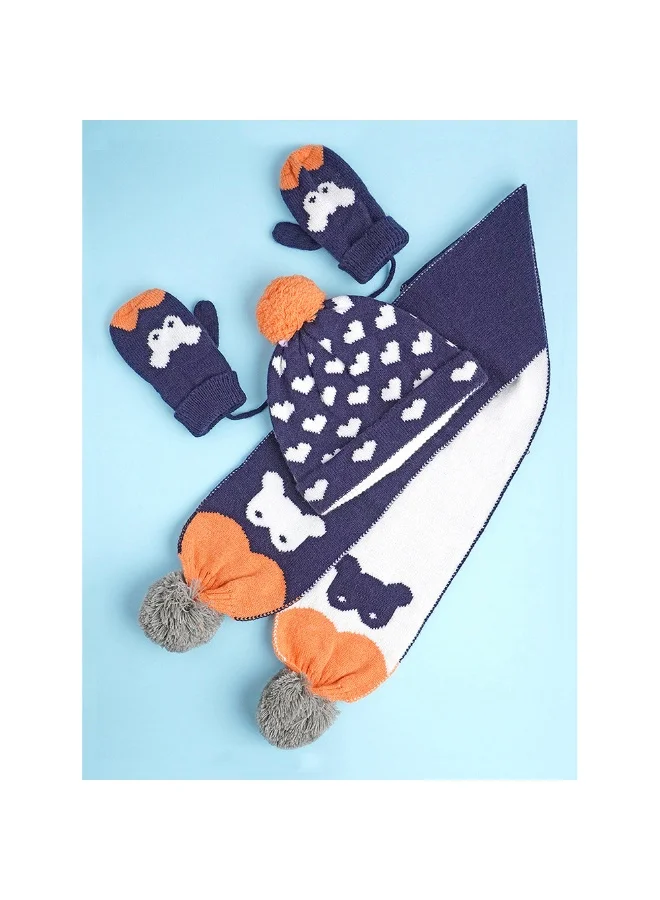 LITTLE SURPRISE BOX 3Pcs Navy & Orange Fox Matching Beanie Winter Cap Mufflers And Gloves Set