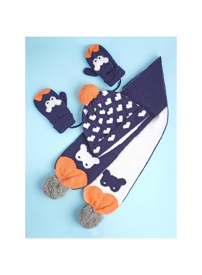 LITTLE SURPRISE BOX 3Pcs Navy & Orange Fox Matching Beanie Winter Cap Mufflers And Gloves Set  - Image 4