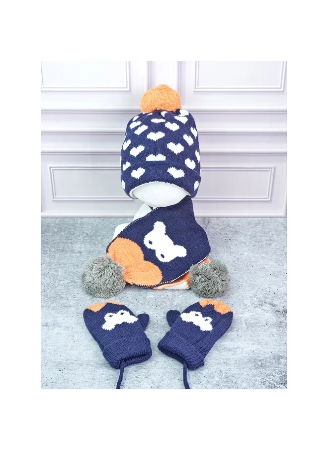 LITTLE SURPRISE BOX 3Pcs Navy & Orange Fox Matching Beanie Winter Cap Mufflers And Gloves Set