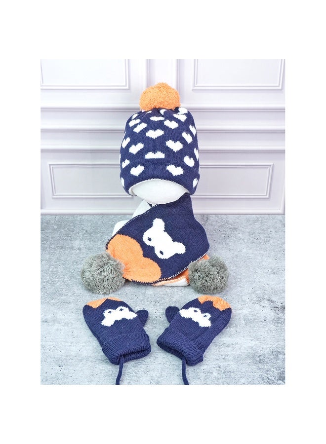LITTLE SURPRISE BOX 3Pcs Navy & Orange Fox Matching Beanie Winter Cap Mufflers And Gloves Set  - Image 2