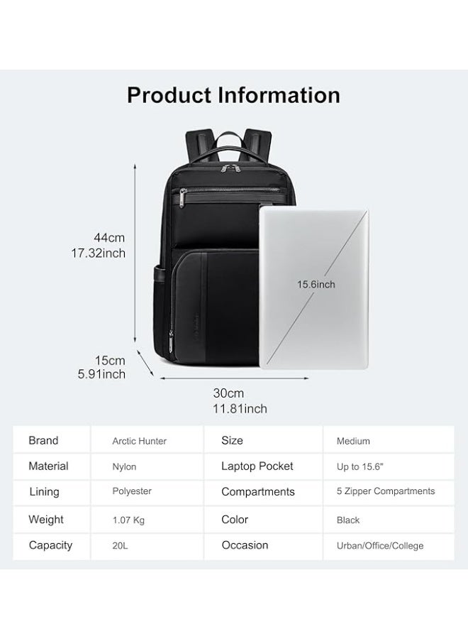 أركتيك هانتر حقيبة ظهر Arctic Hunter المصنوعة من النايلون للكمبيوتر المحمول للرجال والنساء، مزودة بخمسة جيوب بسحاب، سعة 20 لترًا، وجيب للكمبيوتر المحمول مقاس 15.6 بوصة، ومضادة للصدمات، ومضادة للماء، ومضادة للسرقة، ومناسبة للسفر والمكتب والتنقل - Image 3