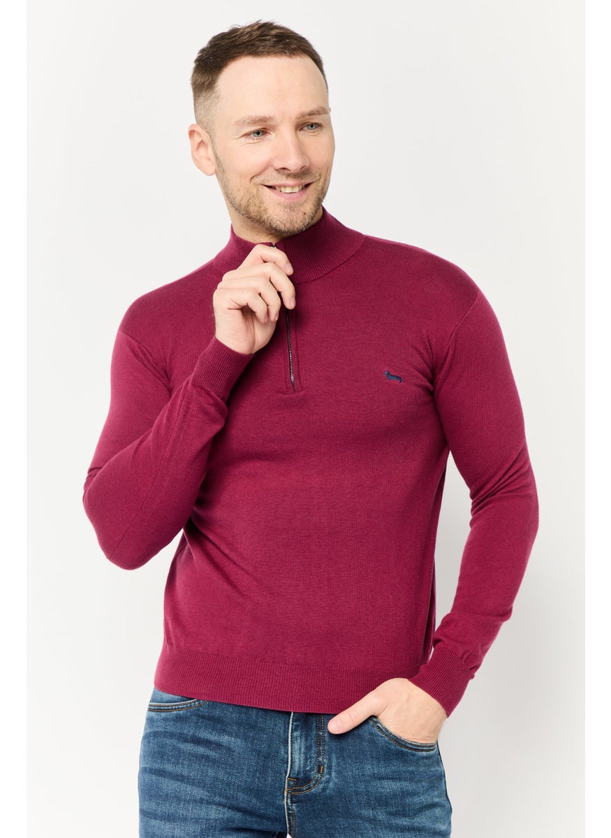 Harmont & Blaine Men Mock Neck Half Zip Embroidered Logo Sweaters, Burgundy  - Image 1