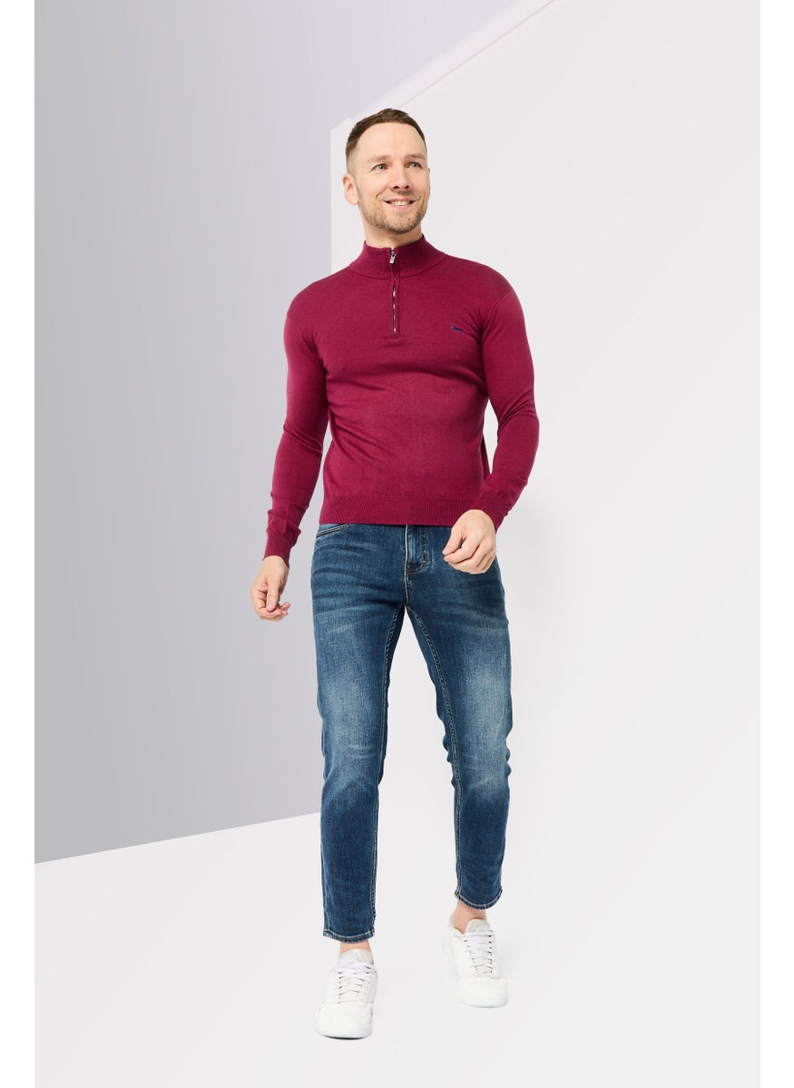 Harmont & Blaine Men Mock Neck Half Zip Embroidered Logo Sweaters, Burgundy  - Image 2