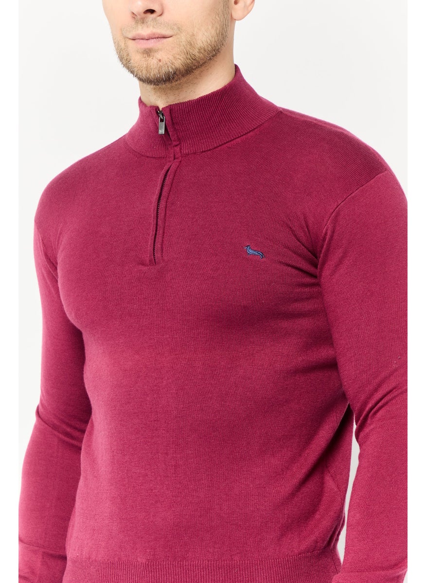 Harmont & Blaine Men Mock Neck Half Zip Embroidered Logo Sweaters, Burgundy  - Image 3