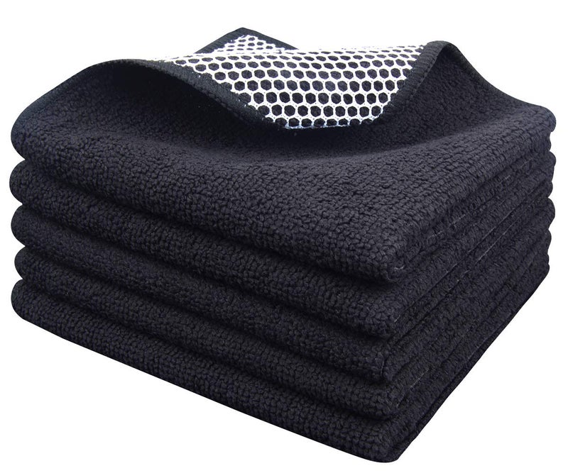 SINLAND Microfiber Dish Cloth for Washing DishesBest Kitchen Washcloth Cleaning Cloths with Poly Scour Side 12Inchx12Inch 5Pack Black
