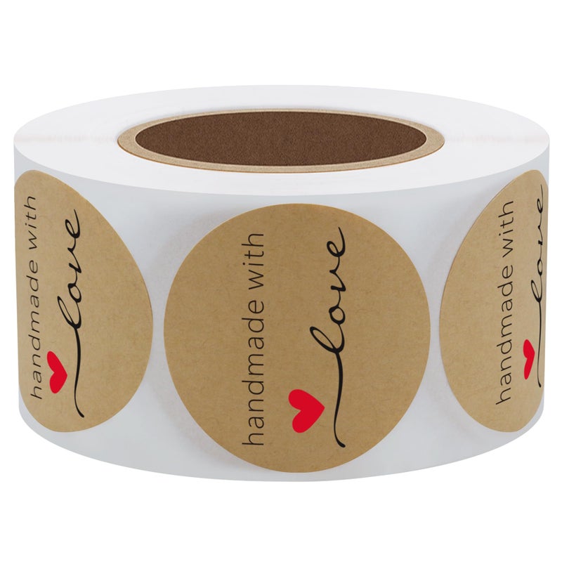 Hybsk Kraft Handmade with Love Stickers 1.5" Inch Round Total 500 Adhesive Labels Per Roll (Kraft) - Image 2