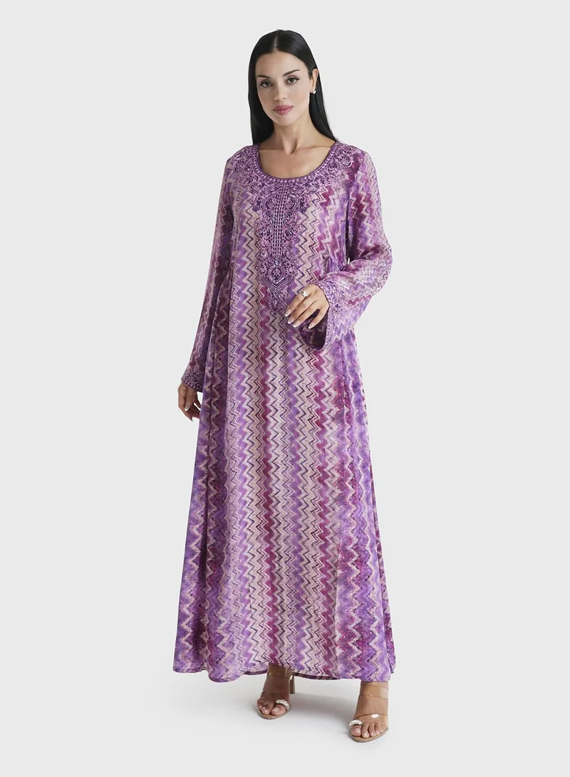 KASHKHA Lavender Geometric Printed Viscose Crepe Kuwaiti Jalabiya (VDM864)