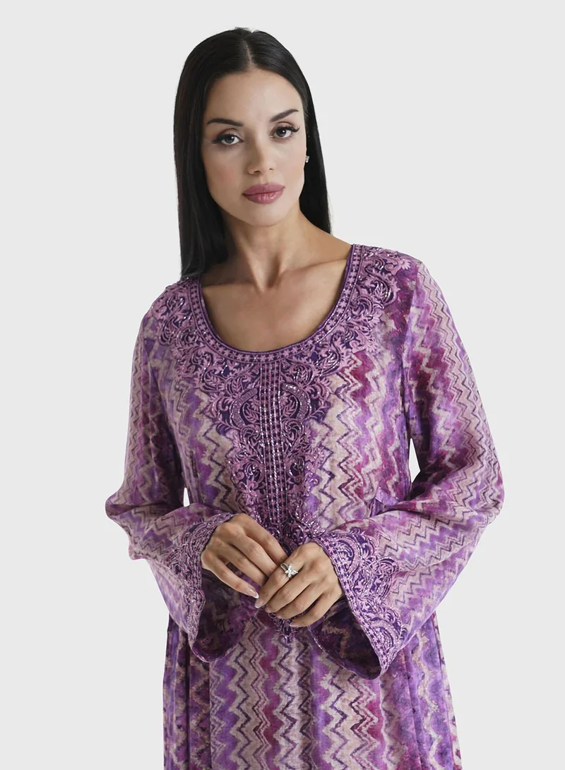 KASHKHA Lavender Geometric Printed Viscose Crepe Kuwaiti Jalabiya (VDM864)