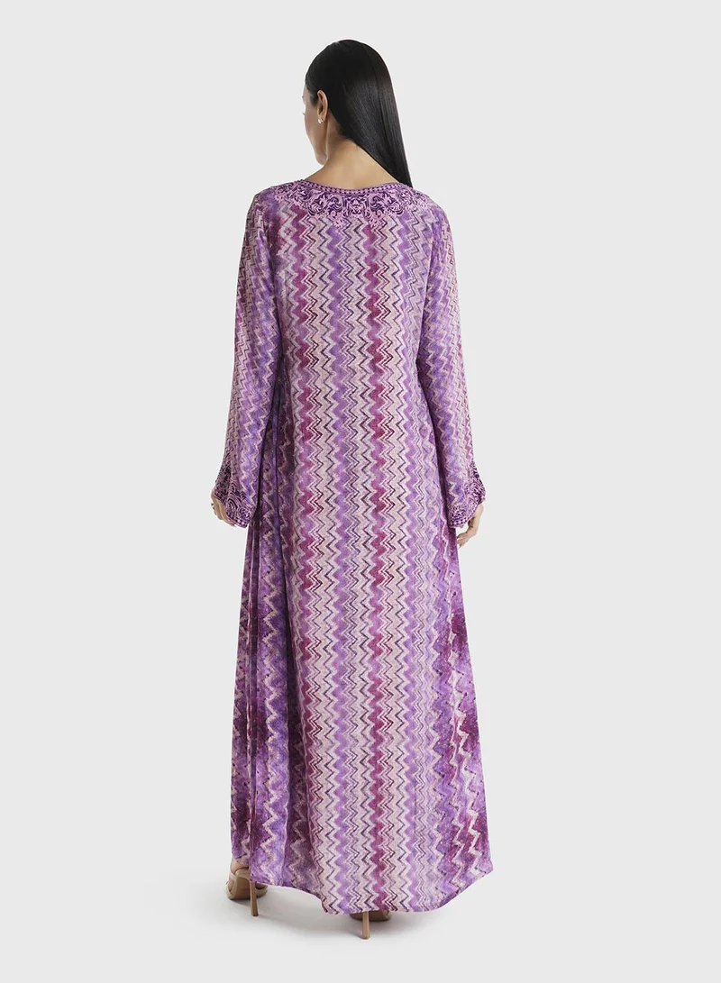 KASHKHA Lavender Geometric Printed Viscose Crepe Kuwaiti Jalabiya (VDM864)