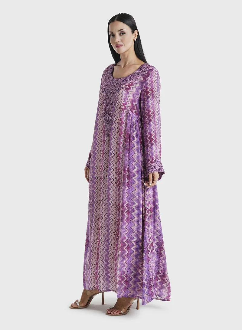 KASHKHA Lavender Geometric Printed Viscose Crepe Kuwaiti Jalabiya (VDM864)