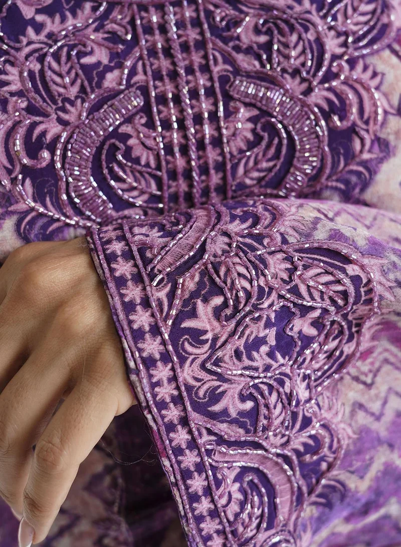 KASHKHA Lavender Geometric Printed Viscose Crepe Kuwaiti Jalabiya (VDM864)
