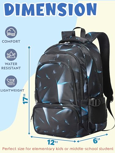 BLUEFAIRY Kids Backpack for Boys Elementary Primary Middle School Bags for Childs Book Bags Bookbags Lightweight Padded Straps Back to School Mochilas para NiÃ±os 17" Black/Blue - Image 2