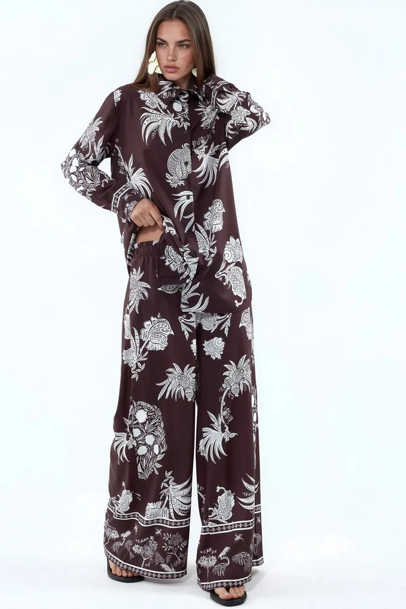 جينيفر Tropical Shirt And Wide-Leg Pants Set