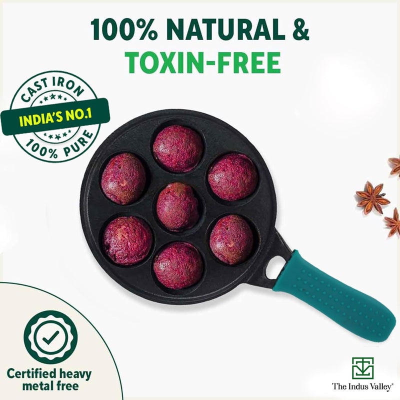 The Indus Valley The Indus Valley Super Smooth Cast Iron Paniyaram Pan with Long HandleSilicone Handle 7Pit 21Cm83 Inch 19Kg Nonstick PreSeasoned AppePaddu Pan 100 Pure ToxinFree - Image 3