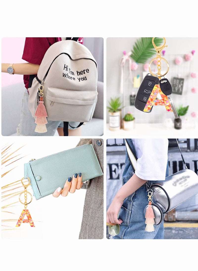 Excefore - Tassel Key Ring and Letter Keychain 2pcs Boho Key Ring Bag Pendant Hand-woven Retro Volcanic Stone Keychain Pendant for Purse Handbags Women Girl Alphabet Heart Sequin Keychain (Random Color) - Image 1