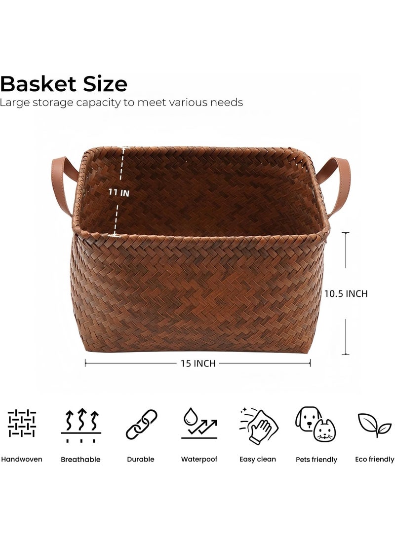 Neonix Handwoven storage basket, large rattan laundry basket, storage rack with blanket organiser and wicker wardrobe basket, large bathroom storage rack (brown) - Image 3