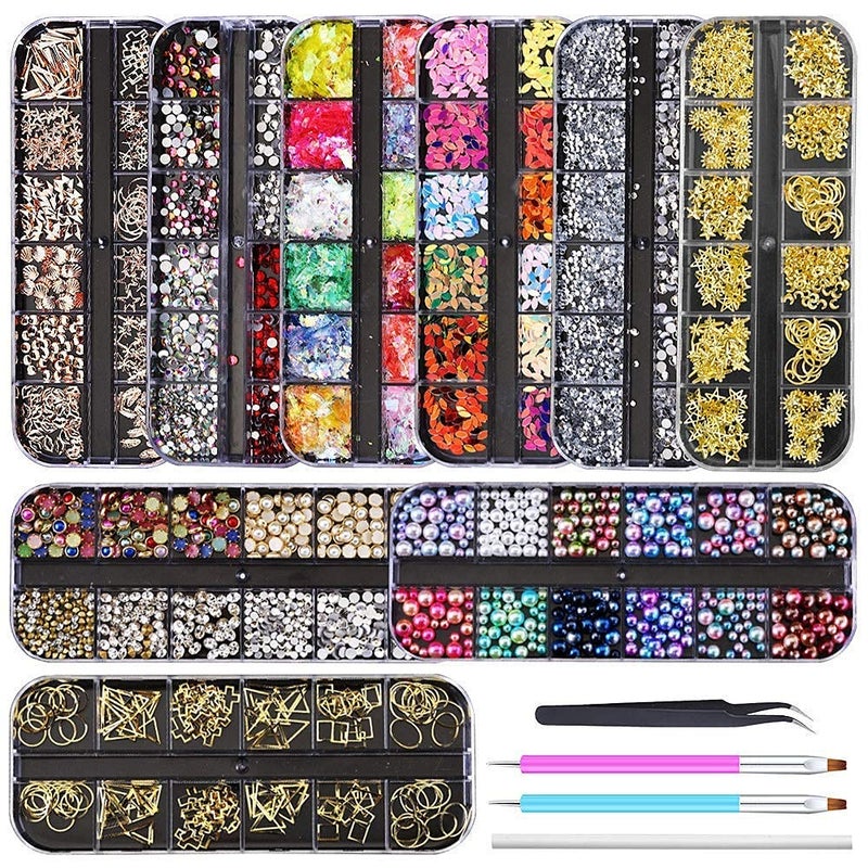 Artdone 9 boxes Nail RhinestonesNail Gems Nail DiamondsNail Art Studs Nail Crystals Nail Sequins for Nails Kit with 1 Tweezers and 3 Pen for Nail Art Supplies Accessories