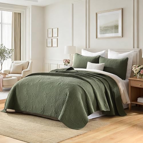 AJOCCI Cotton King Size Comforter Set，Solid Quilt Set Olive Green Bedding，Paisley Bedspreads，Soft Cotton Quilt Solid Color Lightweight Bedspread All Seasons 3 Piece - Image 2