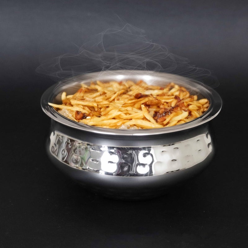 Spillbox Stainless Steel Kitchen Utensils Cooking Serving Tope Set|Handi Set|Urli |Serveware|Tope|Patila|Tope Set|Cookware Bowl- Hammered Briyani Handi (Medium) - Image 1