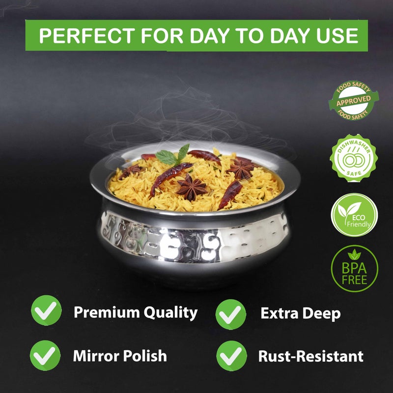 Spillbox Stainless Steel Kitchen Utensils Cooking Serving Tope Set|Handi Set|Urli |Serveware|Tope|Patila|Tope Set|Cookware Bowl- Hammered Briyani Handi (Medium) - Image 5