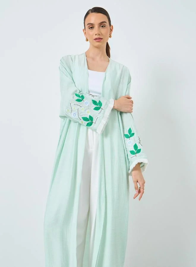 تايك تو Take Two Floral Embroidery Open Front Abaya