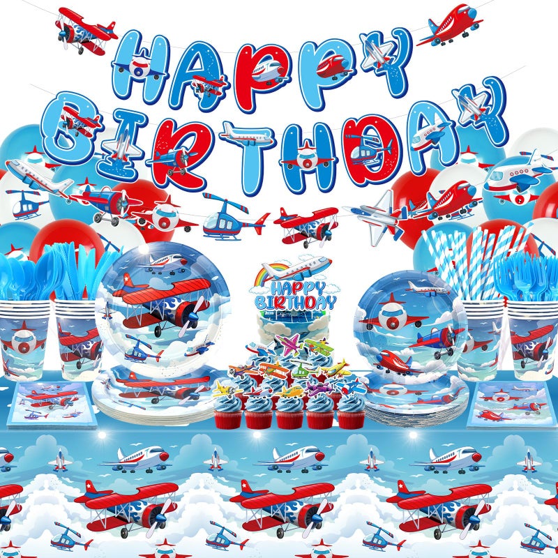 LSJDEER Airplane Birthday Party Decorations Airplane Party Supplies Plates Cups Napkins Tablecloth Happy Birthday Banner Balloon Cake Toppers for Plane Theme Party Baby Shower Supplies - Image 3