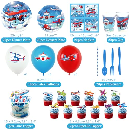 LSJDEER Airplane Birthday Party Decorations Airplane Party Supplies Plates Cups Napkins Tablecloth Happy Birthday Banner Balloon Cake Toppers for Plane Theme Party Baby Shower Supplies - Image 5